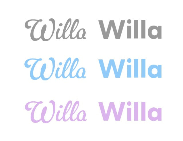 Customise your Willa Well Child/Plunket book cover with your child’s name printed in silver, purple or blue in calligraphy or block font